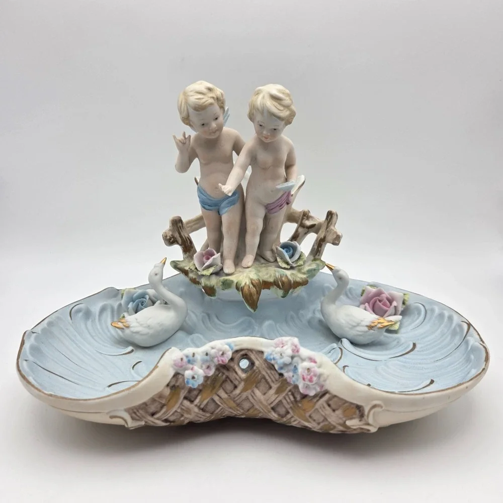 Vintage Baroque Porcelain Putti Centerpiece Planter With Cherubs Swans & Flowers